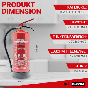 Gloria PD6GA – Dauerdruck-Pulverfeuerlöscher (ABC) mit Wandhalterung, einsetzbar an elektrischen Anlagen, frostsicher, EN3, 6 kg, 10LE